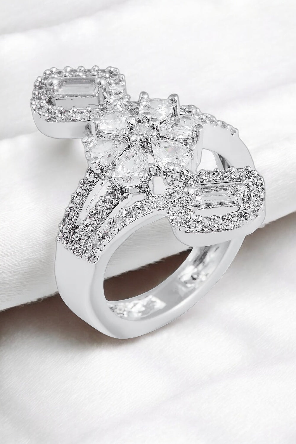 Elegant Floral Silver Zircon Open Statement Ring ₹6,000