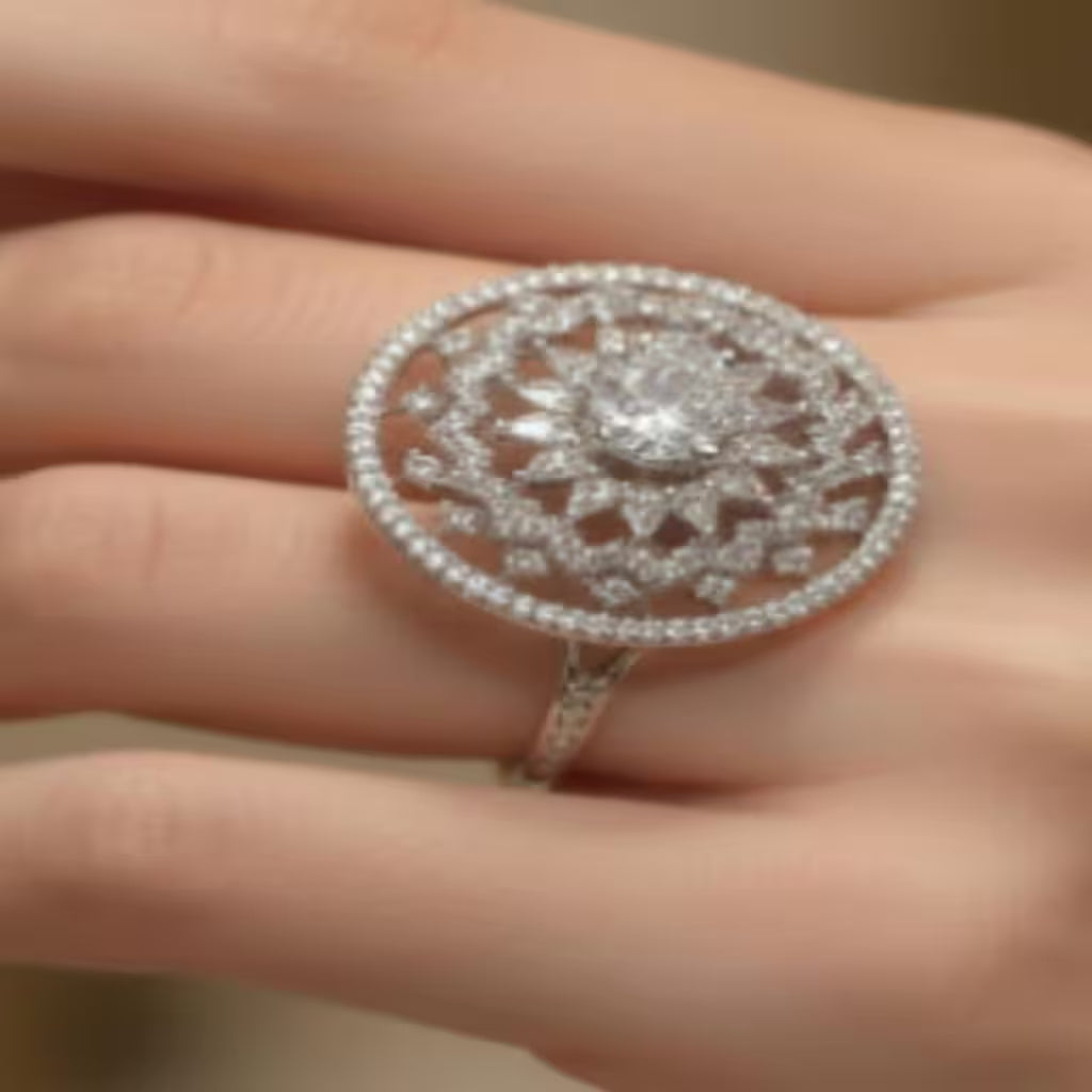 Classic ruby halo statement ring with oval red stone and white zircon border worn on hand