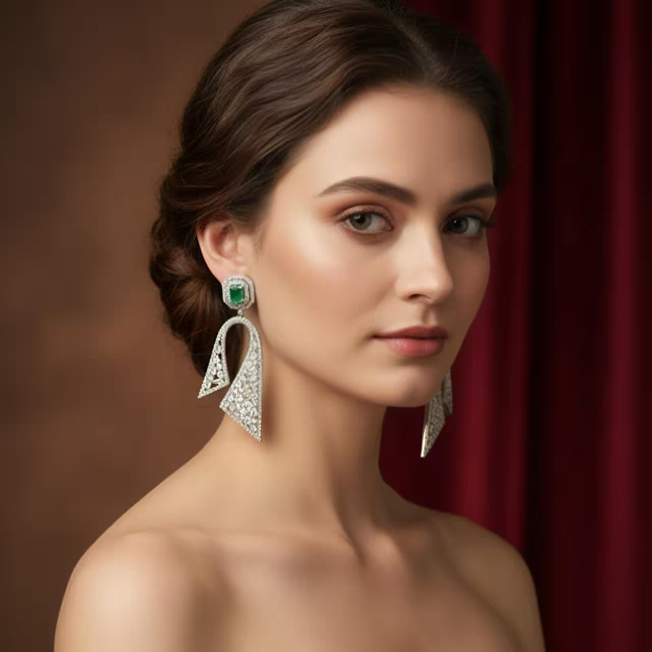 Elegant emerald silver drop earrings with AAA zirconia by Karat India