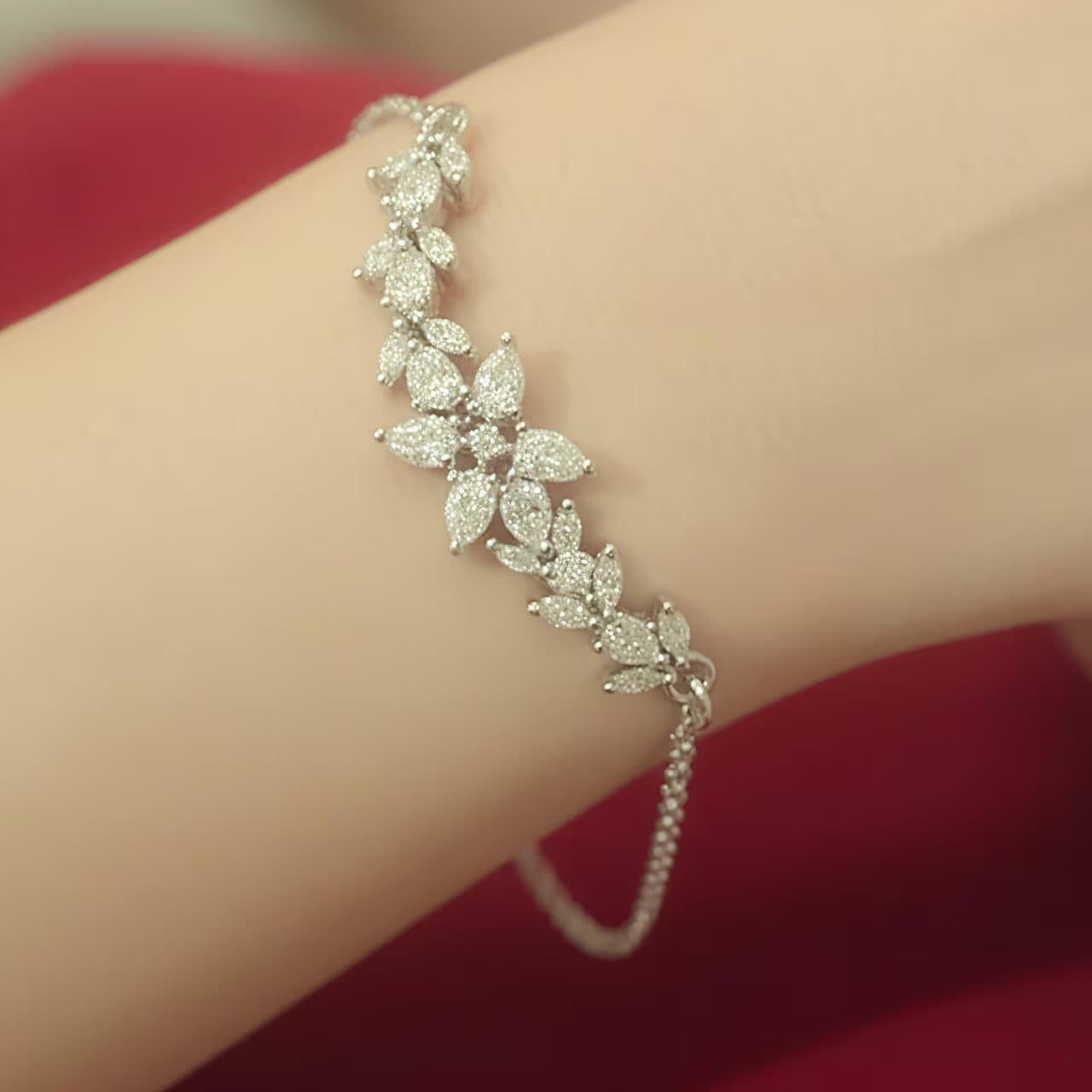 Floral motif diamond look bracelet with silver finish jewellery