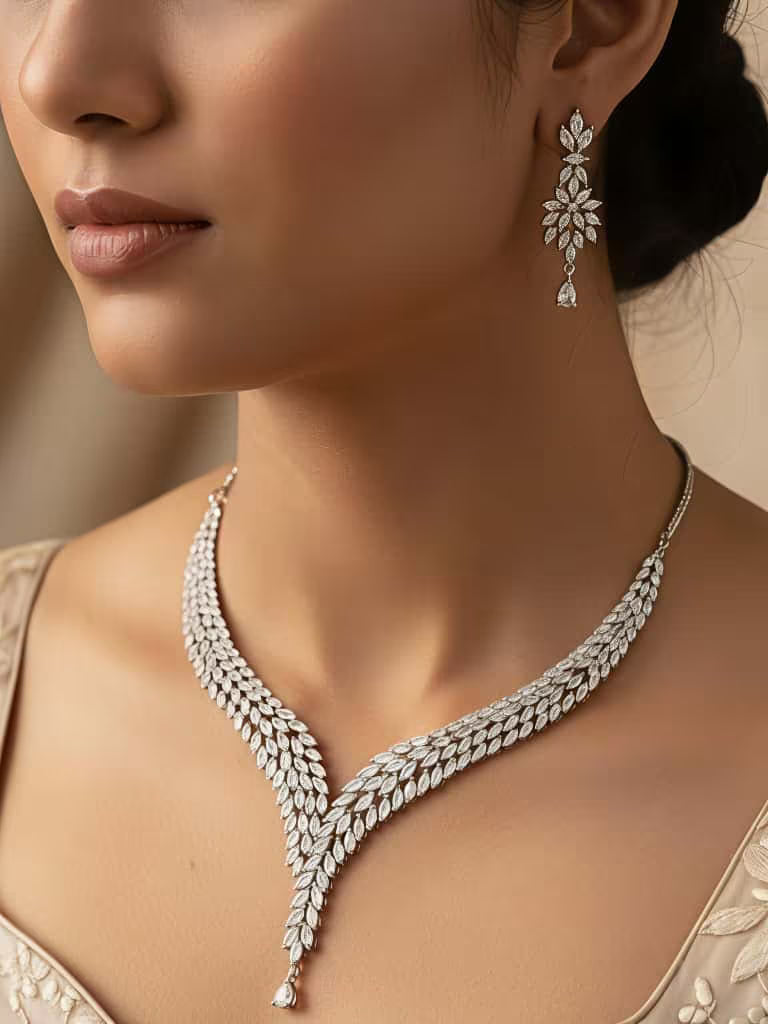 Leaf design diamond look V shape necklace set for women