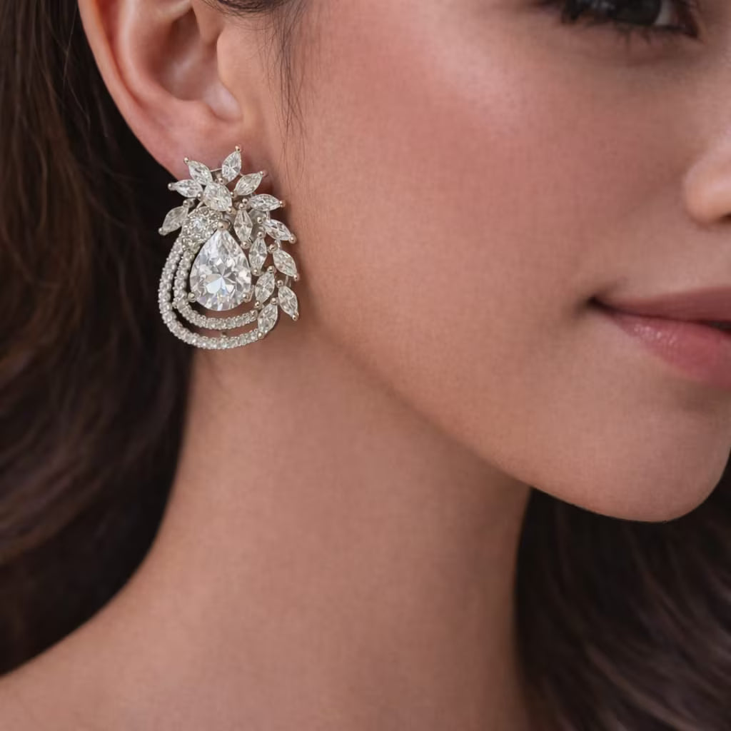 Pear cut diamond silver floral drop earrings worn by model.