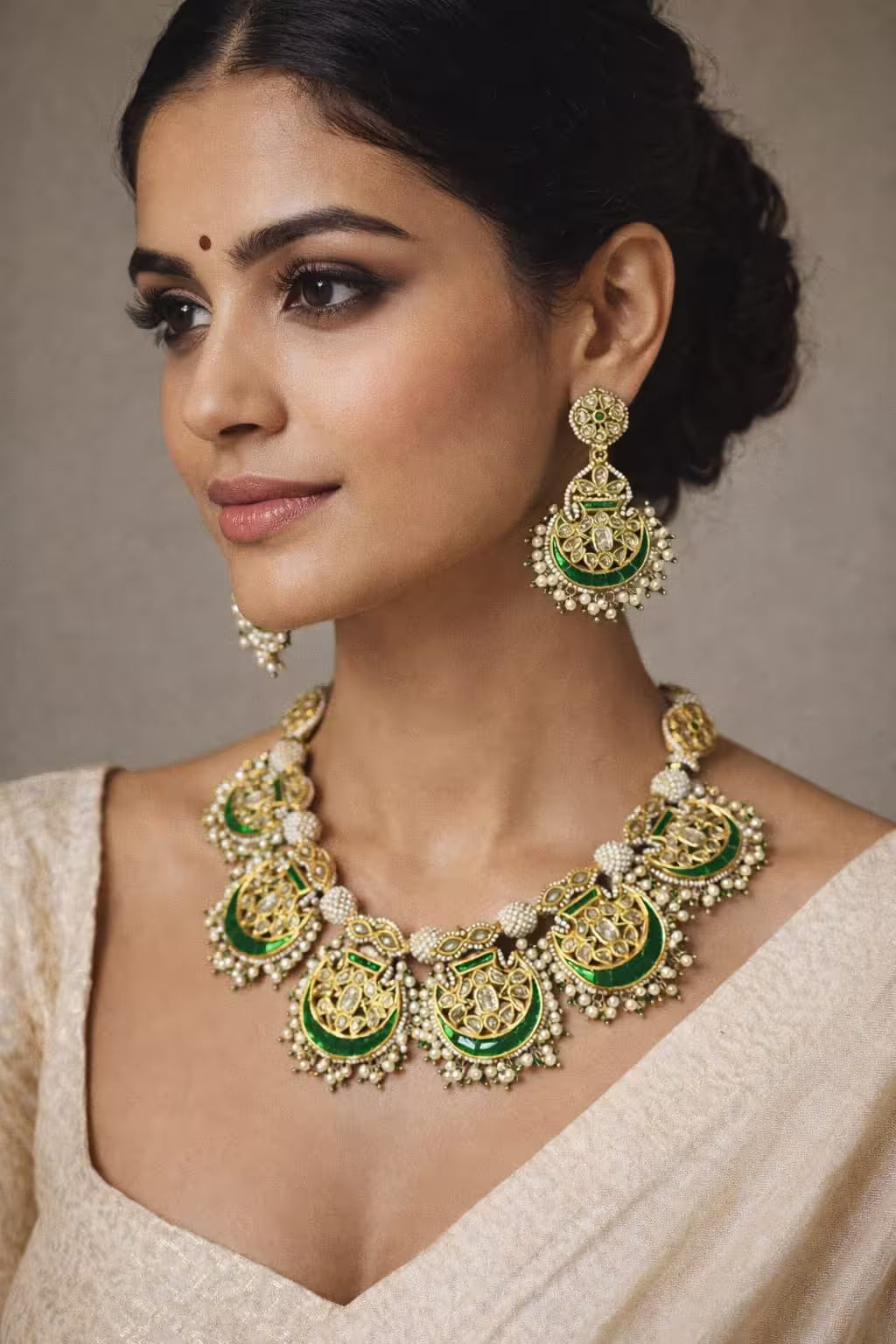 Traditional polki jadau choker necklace set with pearl drops and matching earrings.