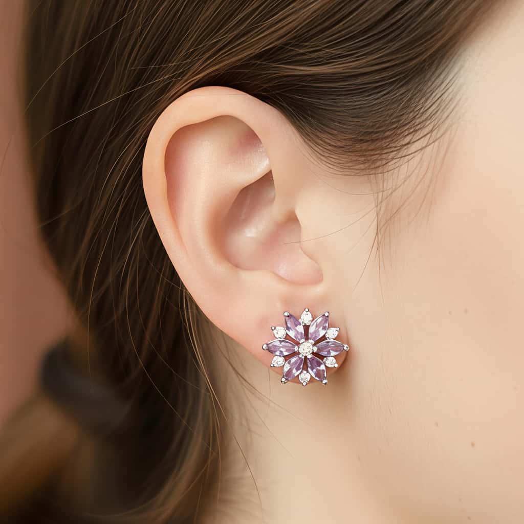 Purple floral silver stud earrings with AAA zirconia stones by Karat India