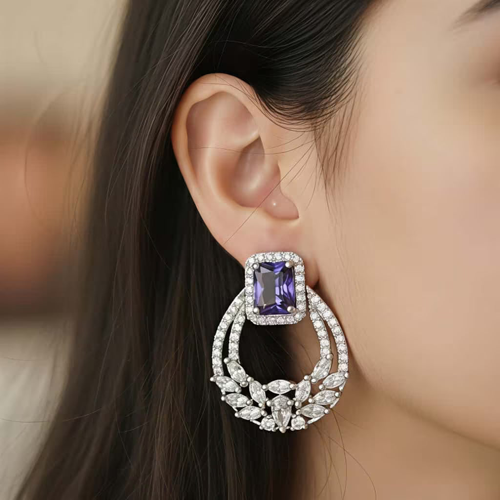 Purple Stone Silver Hoop Drop