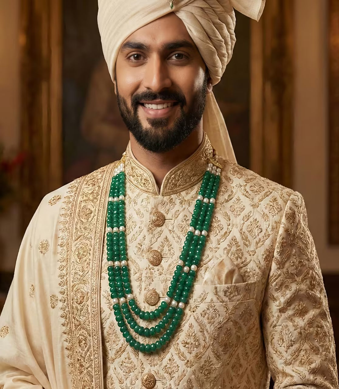 Royal emerald groom mala worn by groom traditional jewellery
