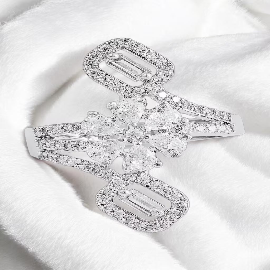 Silver floral statement ring with pear-cut white zircon stones and rectangular halo design