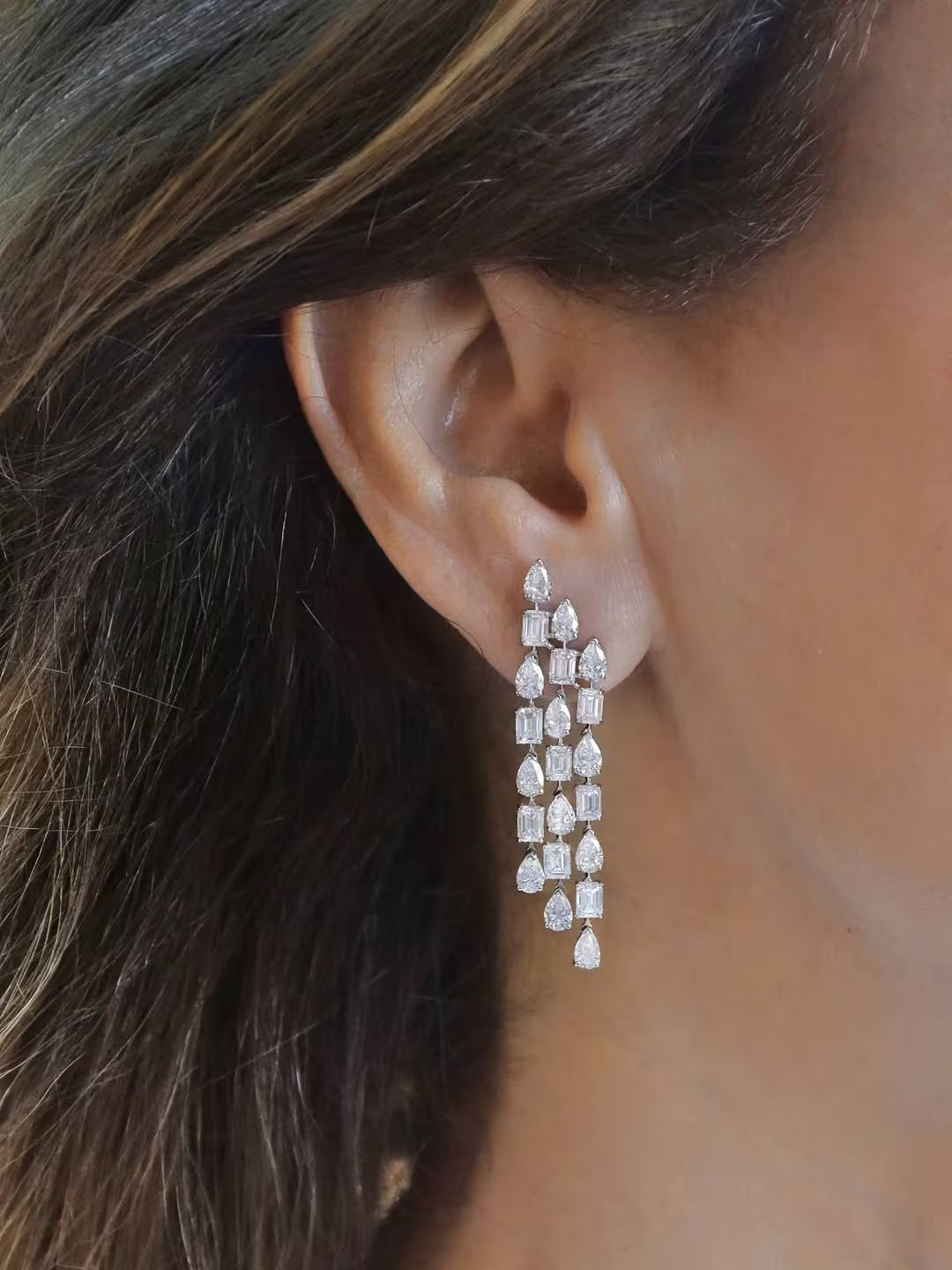 Elegant silver long drop earrings with white zircon stones