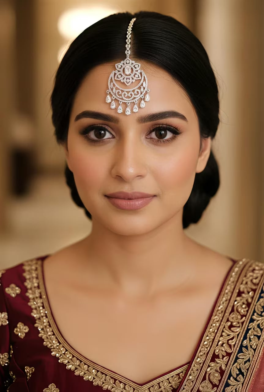 Silver Chandani zircon maang tikka close up design