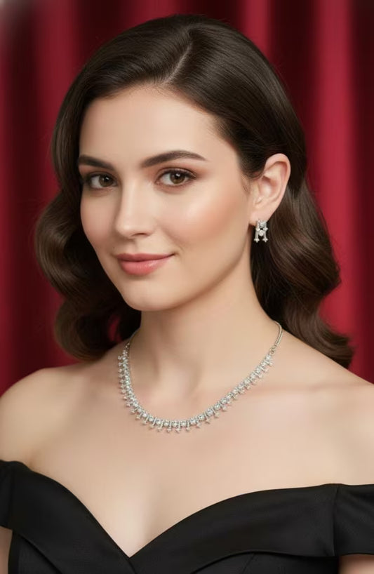 Aurora Cascade Diamond Silver Necklace Set, Diamond-inspired silver necklace set with a modern look.
