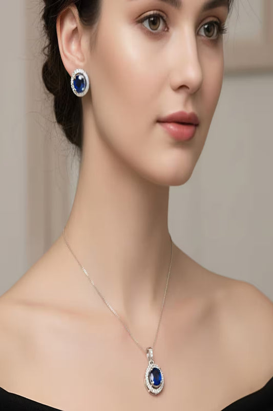 Blue Cushion Sapphire Pendant Set with silver plated 92.5%