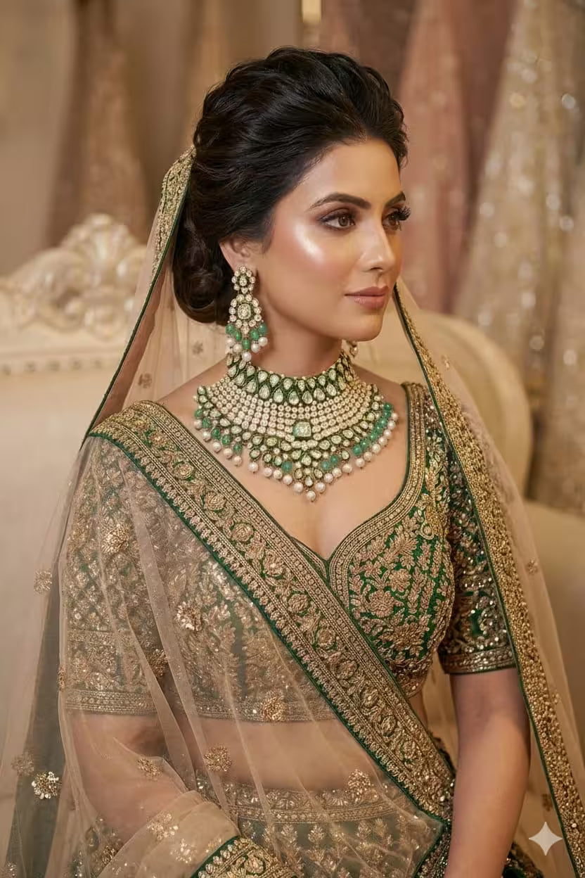 Bridal Broad Jadau Necklace Set with Polki Diamonds & Pearl Detailing by Karat India