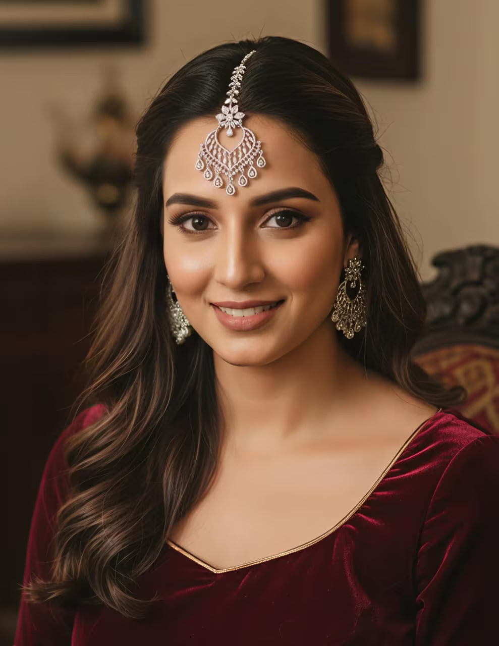 Chand silver bridal maang tikka with zircon stones worn by model – Karat India.