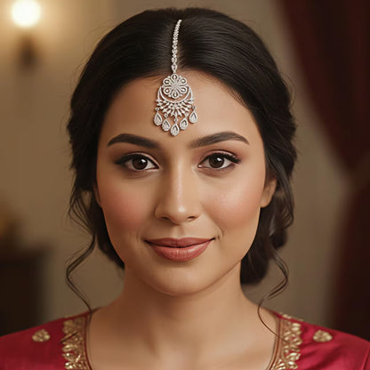 Chandani Noor silver zircon maang tikka for women bridal wear