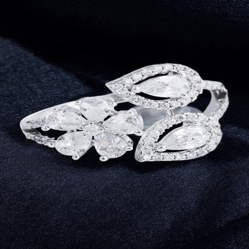  Floral and leaf design silver statement ring with pear cut clear stones and white zircon accents