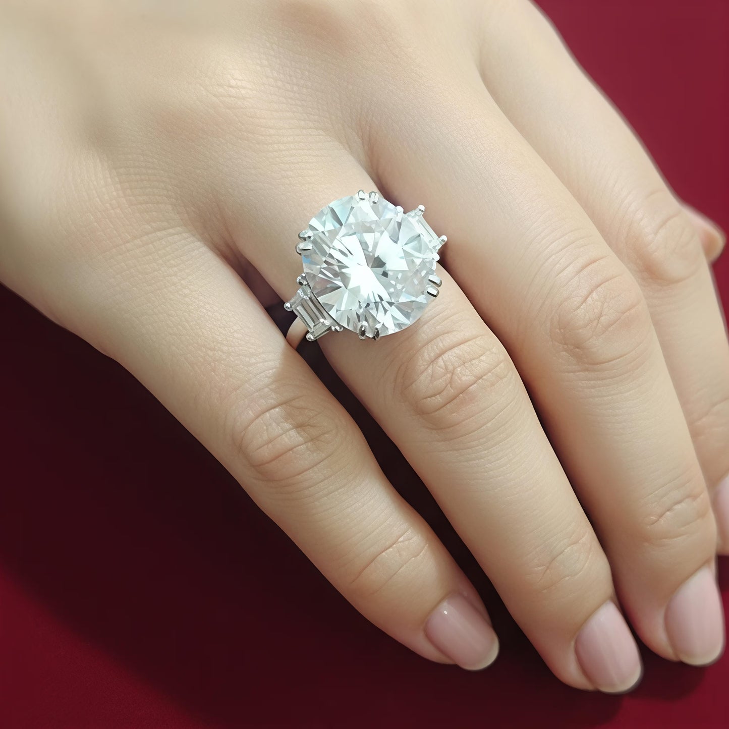 
Silver solitaire ring with cushion-cut white zircon and side baguette stones