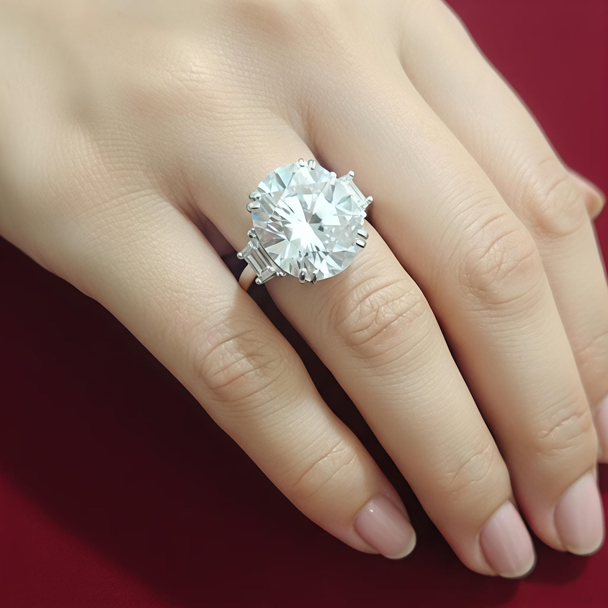 
Silver solitaire ring with cushion-cut white zircon and side baguette stones