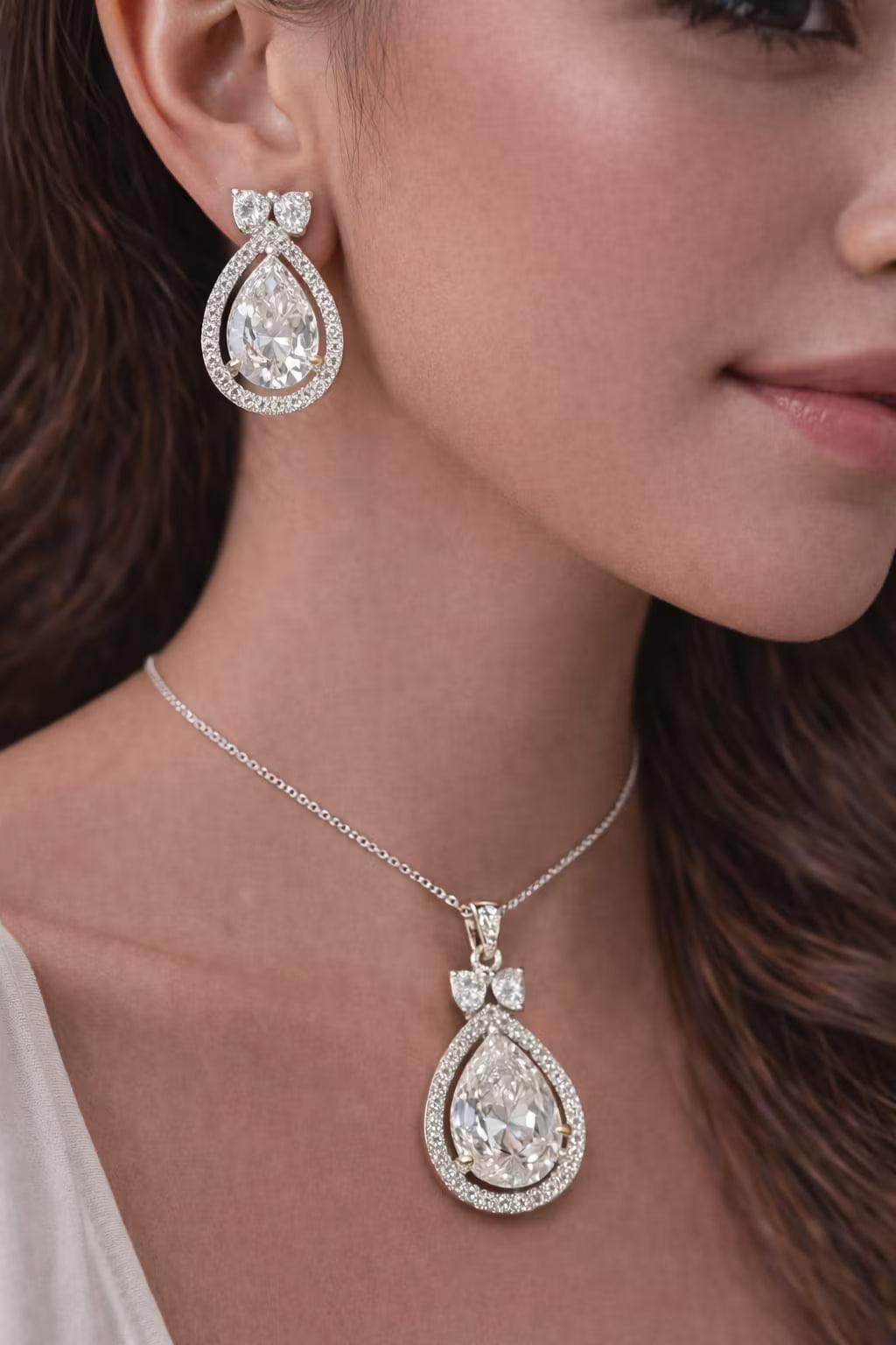 Diamond style silver pendant set with modern leaf design front view