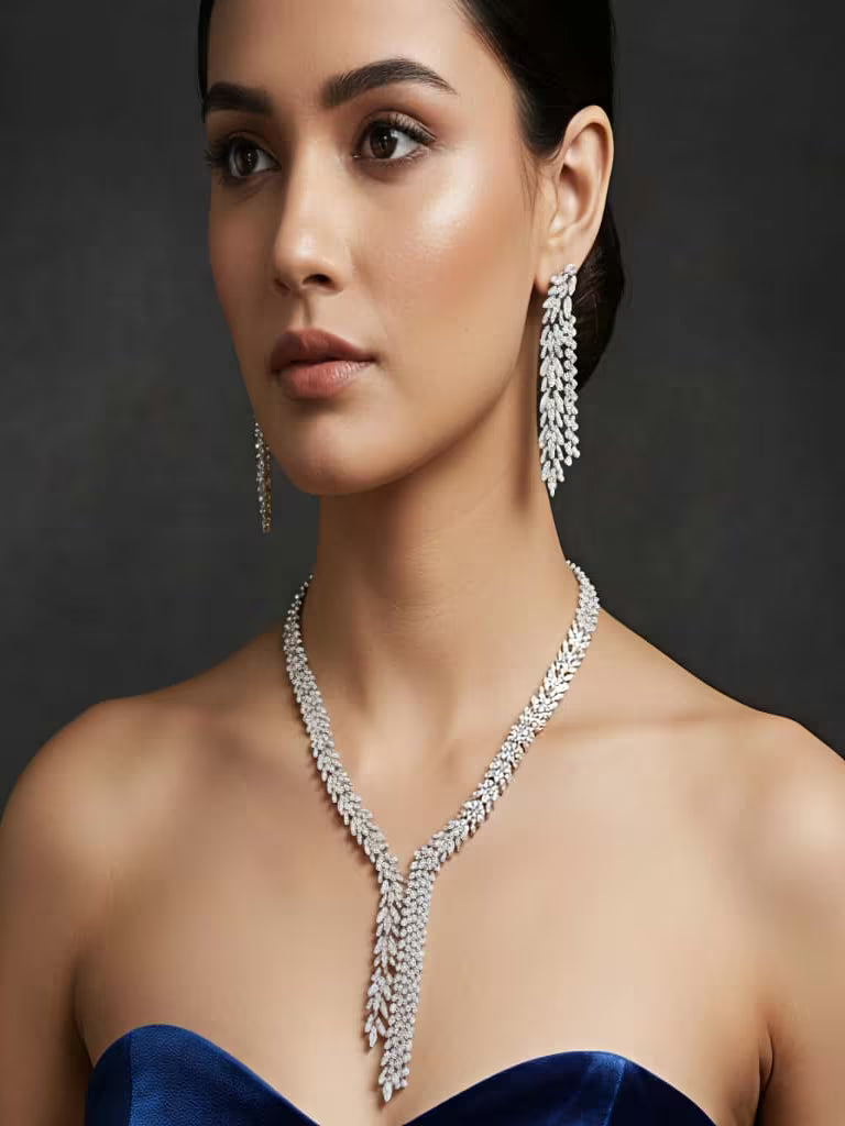 eaf drop silver necklace set Zircon karat India