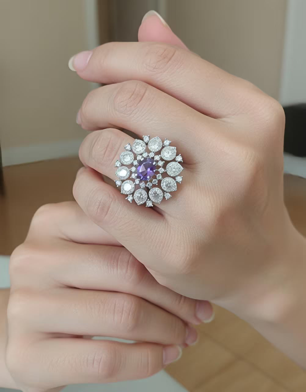 emerald blossom silver statement ring for women