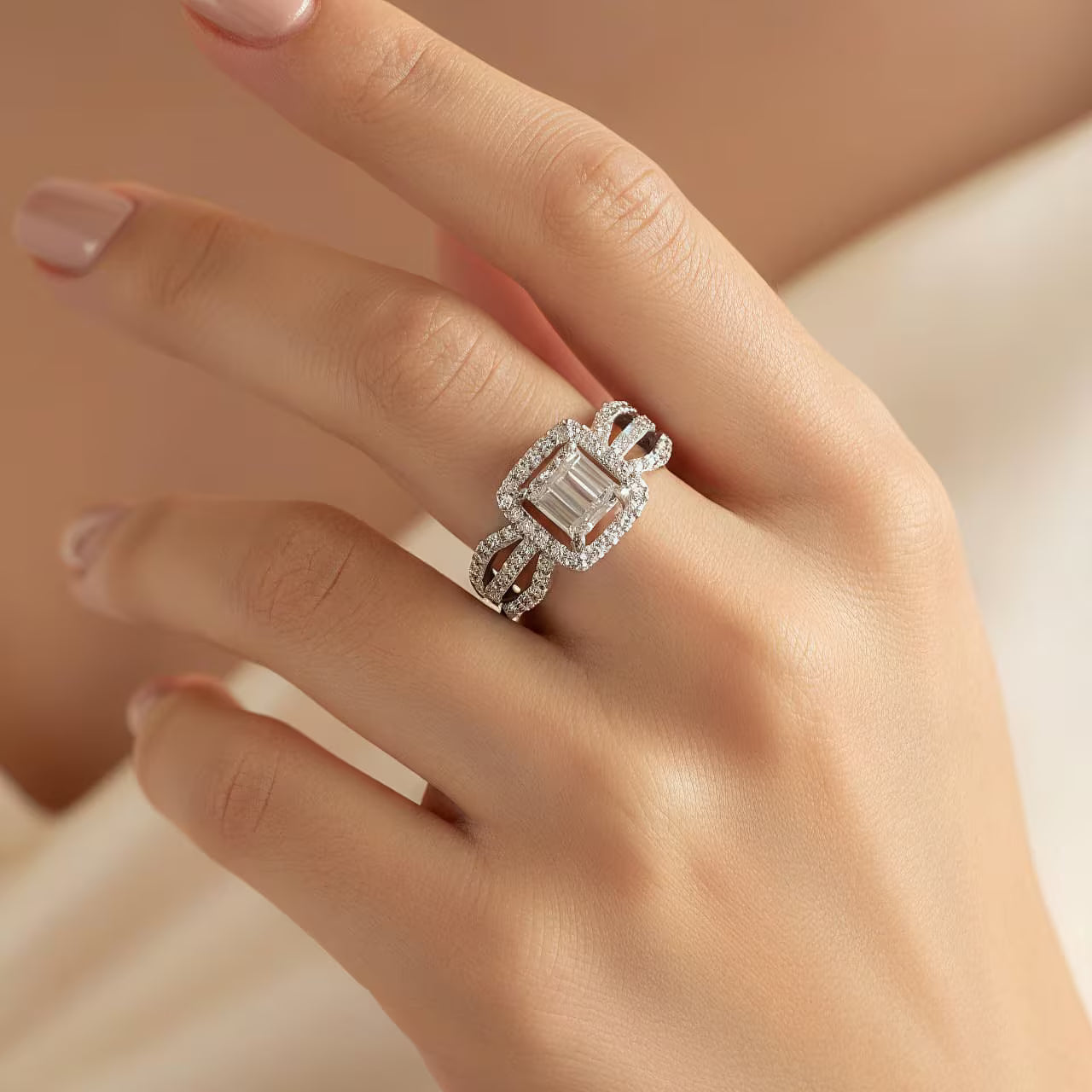 Emerald cut silver ring with clear zircon stone and halo design worn on hand