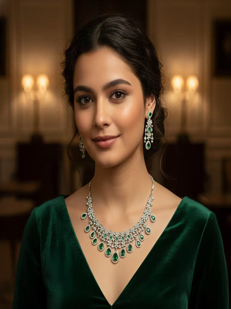 Emerald drop silver necklace set with zircon stones and matching earrings by Karat Indiaa