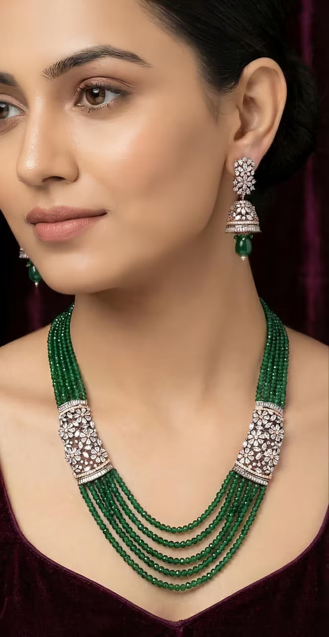 Emerald green beaded necklace set for women with traditional design.