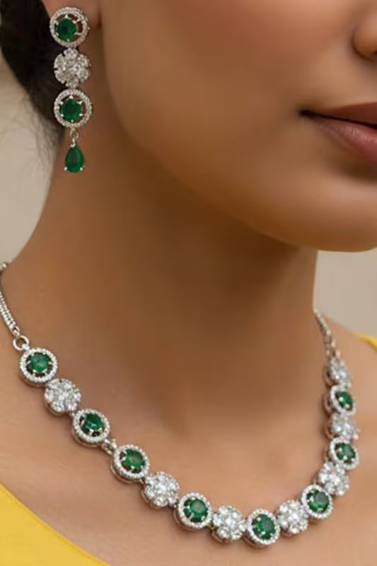 Full white and green stone silver plated neacklace set with cubic zircona by karat india.