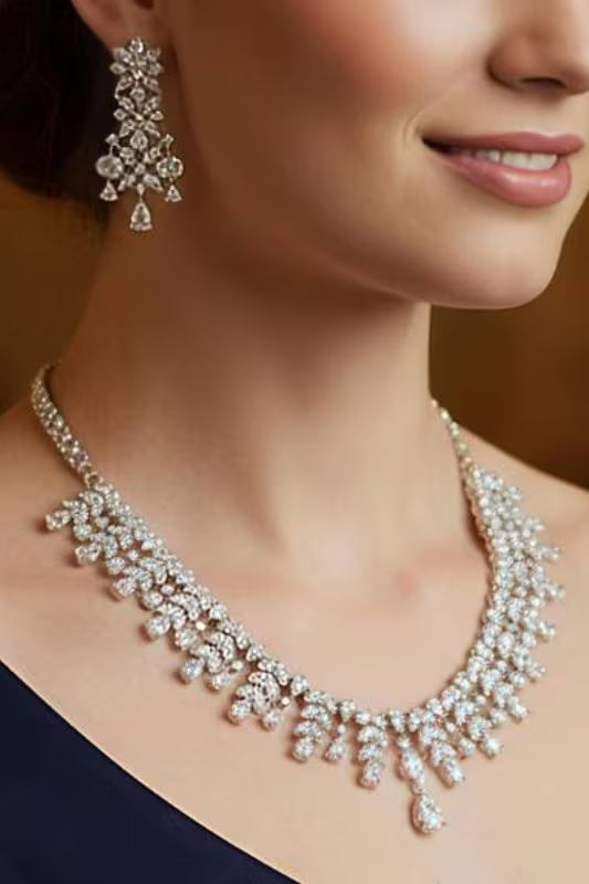 Full white silver necklace set with AAA cubic zircona by karat india.