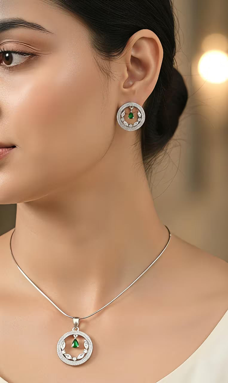 Green Crystal Teardrop Grace Silver Pendant Set with matching earrings for women – elegant jewellery by Karat India