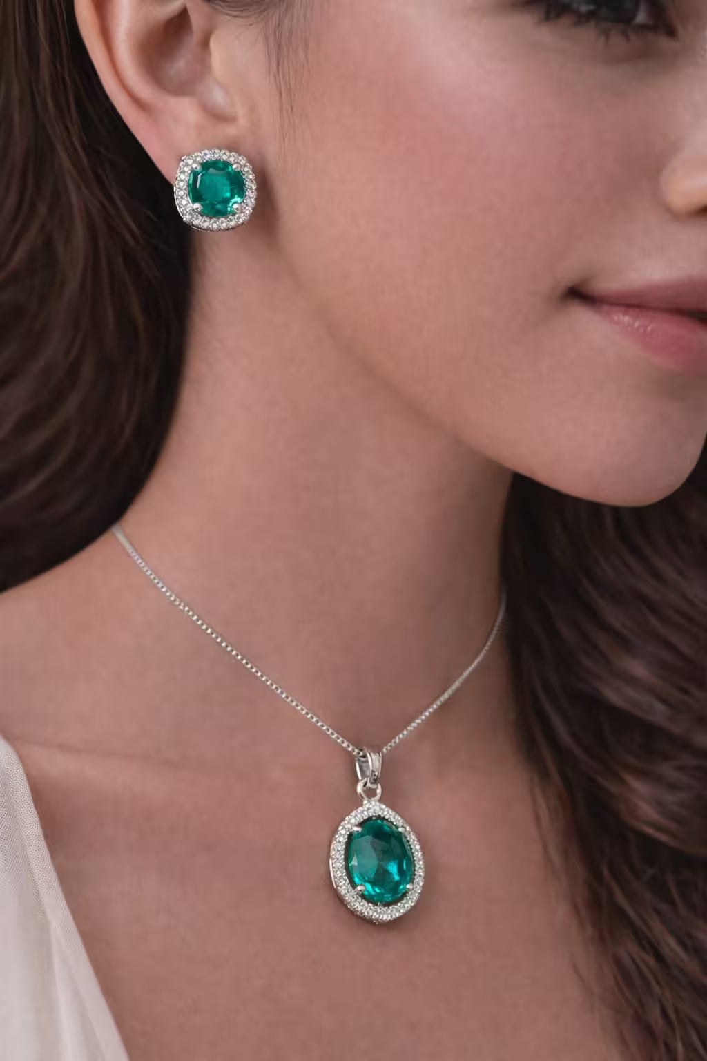 Emerald green oval stone diamond pendant set with matching earrings