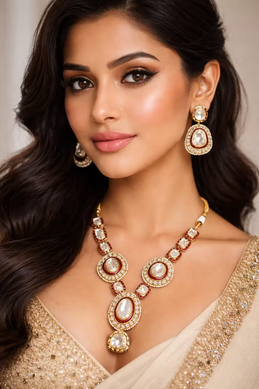 Imperial bridal Jadau necklace set featuring uncut Polki diamonds and elegant pearl detailing for wedding wear.
