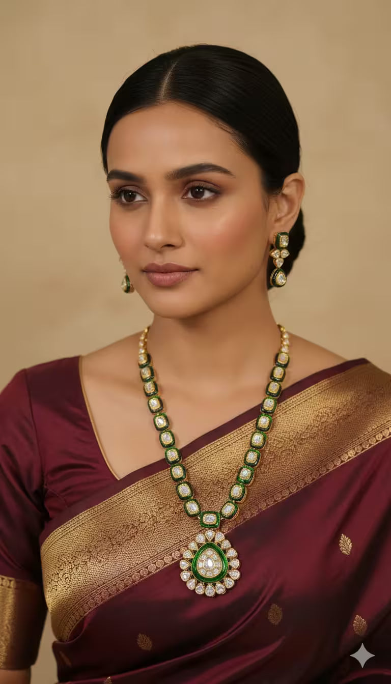 Imperial emerald and Polki Jadau bridal statement necklace set featuring uncut diamonds and traditional royal craftsmanship.