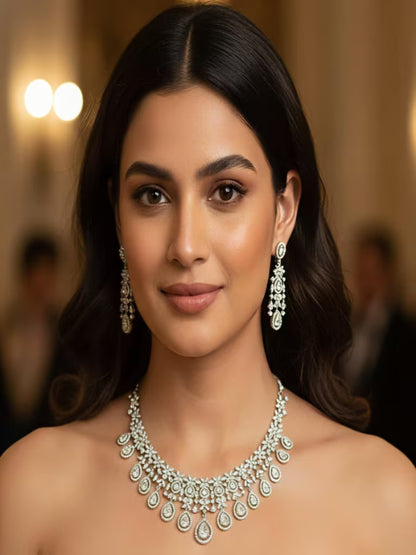 Lumiere Gala silver teardrop necklace set with AAA cubic zircon stones by Karat India