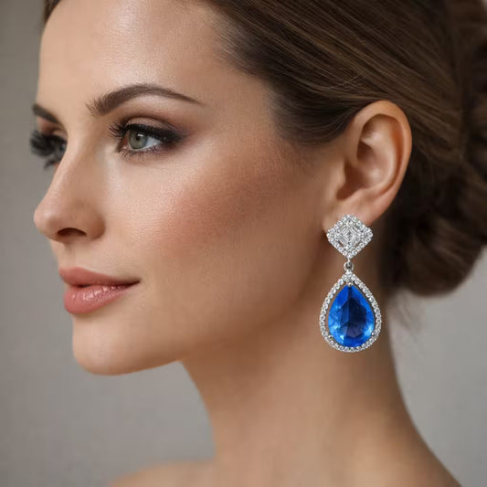 Blue Teardrop Silver Diamond Drop Earrings.