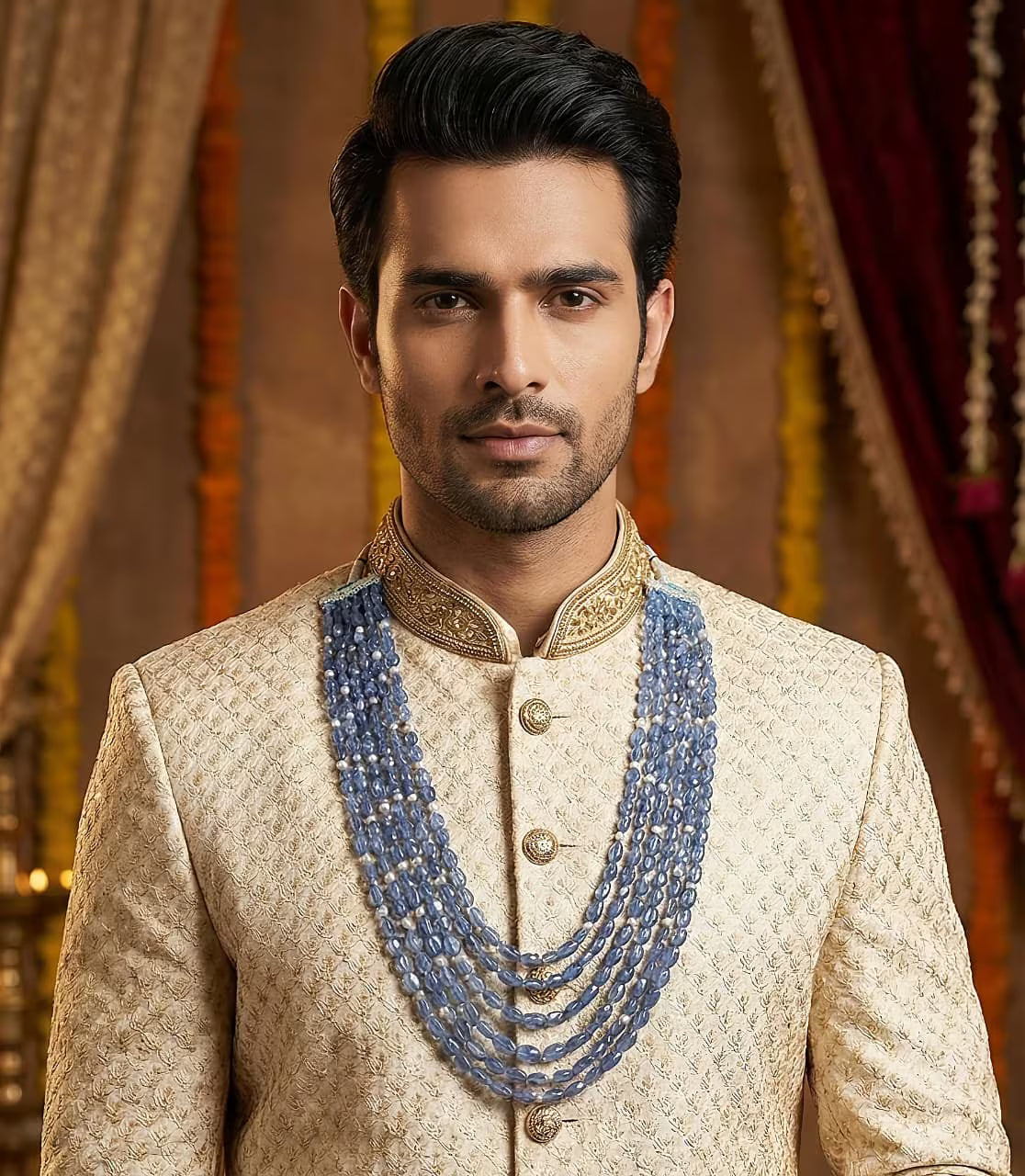 Tanzanite groom mala traditional wedding jewellery full view
