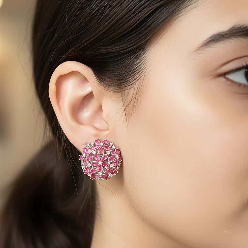 Pink floral cluster stud earrings with round flower design and silver finish