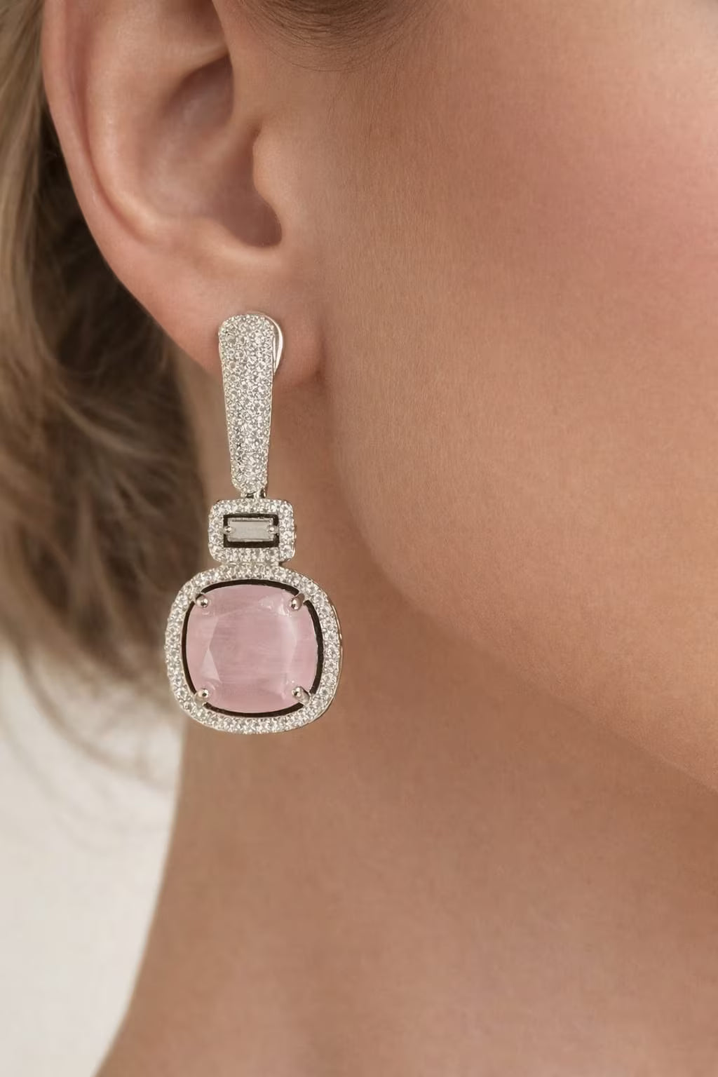 Pink stone cushion shaped drop earrings with diamond finish for women