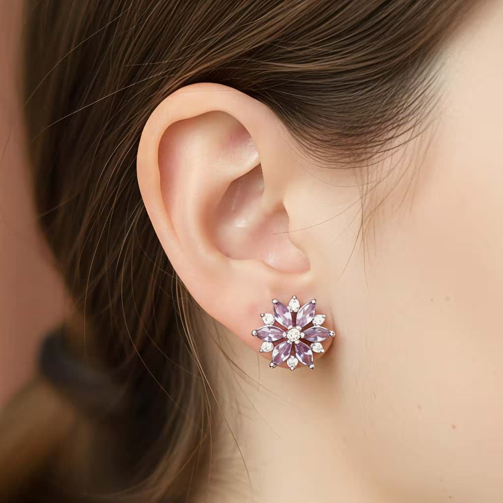 Purple Floral Silver Stud Earrings