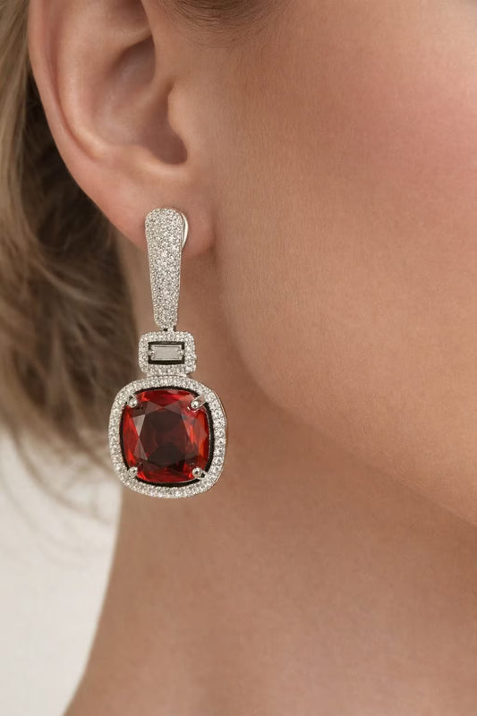 Red cushion stone diamond halo drop earrings in elegant silver finish