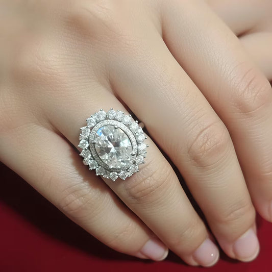 Round halo silver zircon ring with circular centre stone design worn on finger