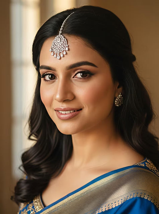Round silver bridal maang tikka with zircon drops worn by model – Karat India