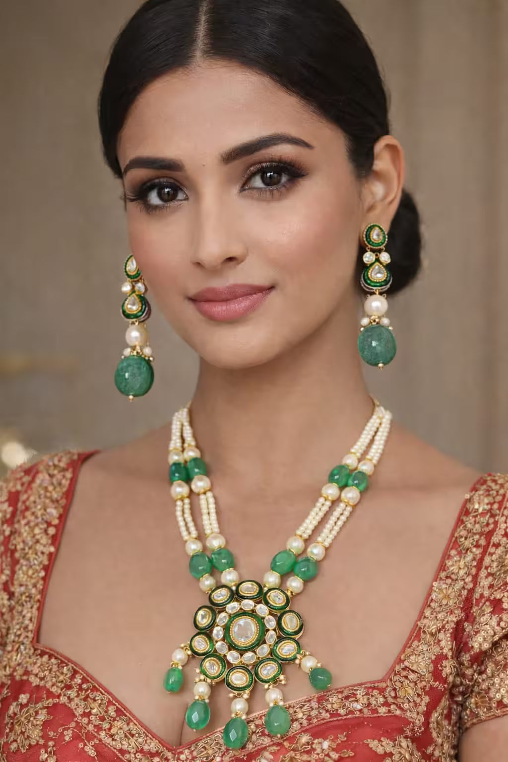 Royal Polki and emerald Jadau bridal necklace set with pearl drops, handcrafted traditional Indian wedding jewellery.