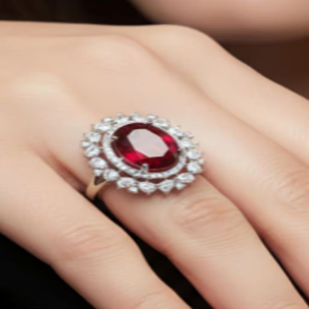 Royal ruby oval halo silver ring with red center stone