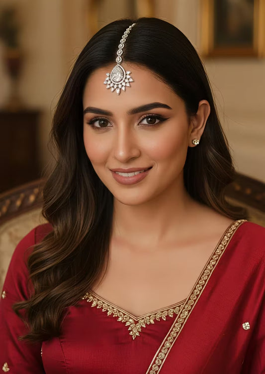 Royal teardrop silver bridal maang tikka worn by woman
