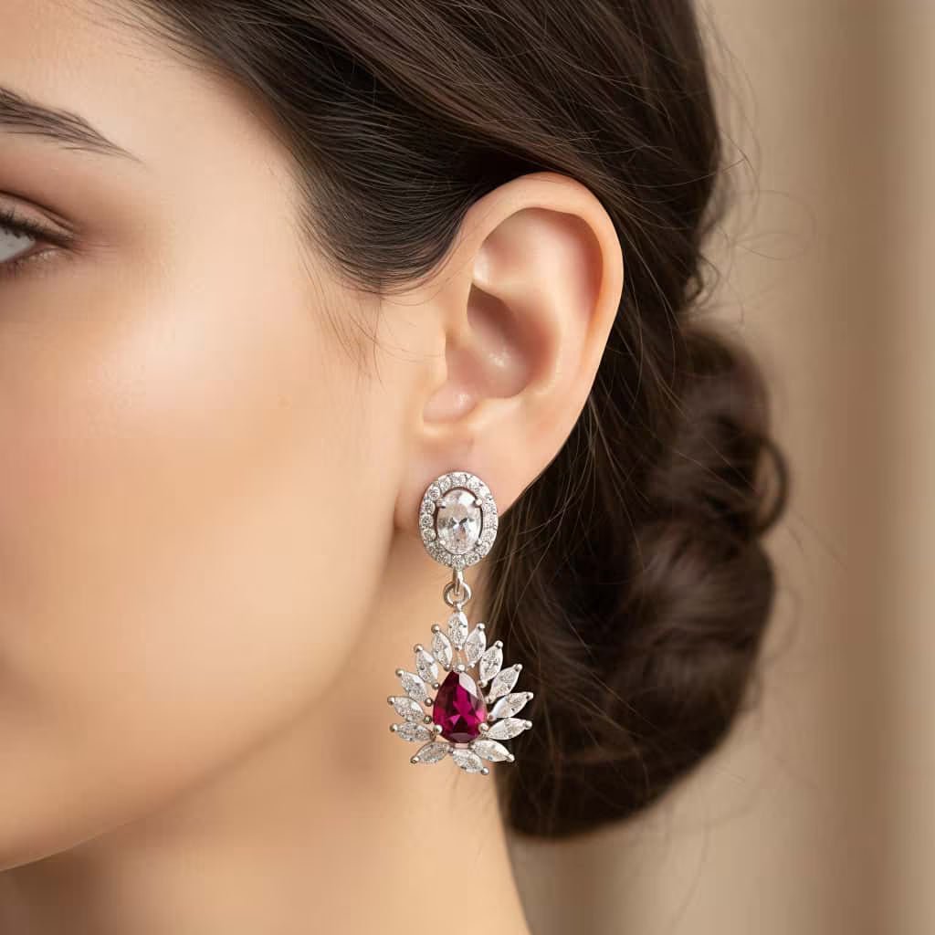 Ruby drop silver earrings