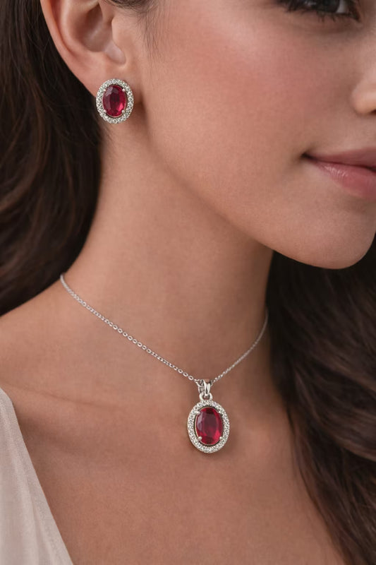 Ruby oval diamond look silver pendant set for women front view

