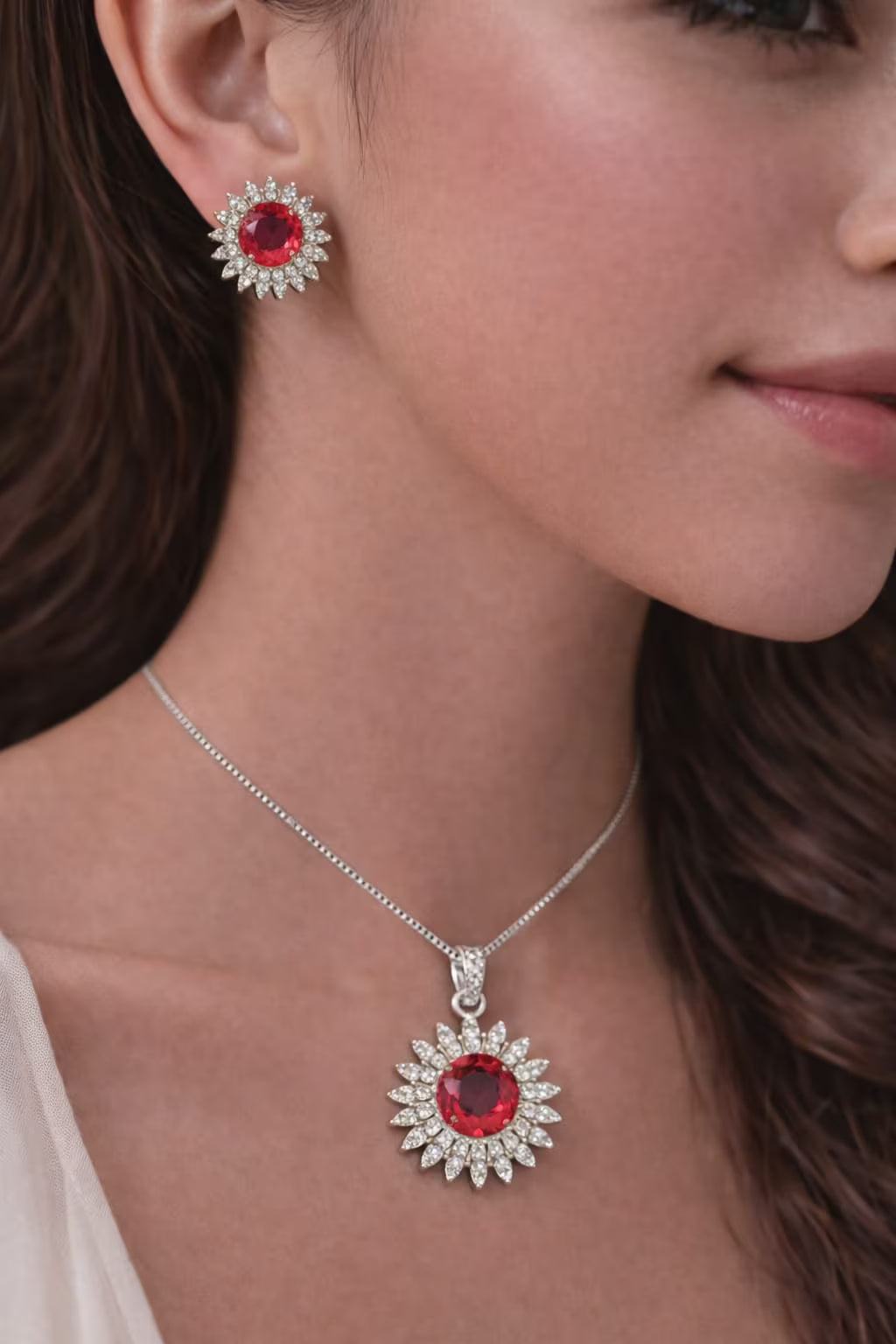 Ruby red diamond halo pendant set with matching earrings worn on model