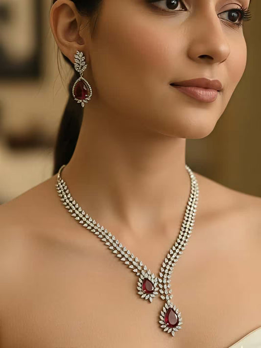 Ruby Teardrop Diamond Style Necklace Set for wedding and party wear nby Karat India.