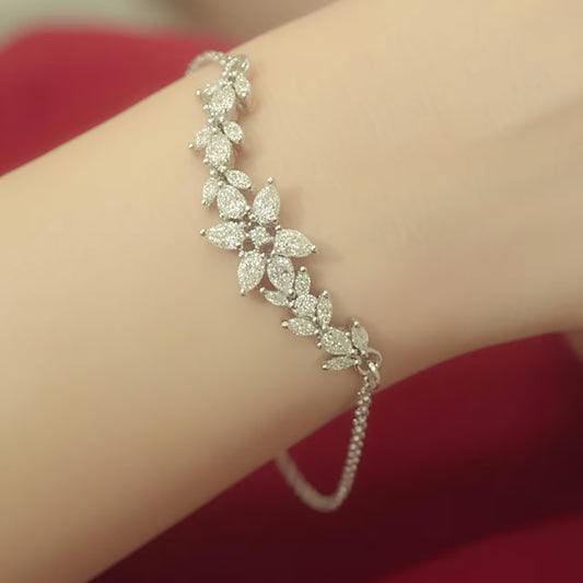 Silver Jewellery Floral Motif Diamond Look Bracelet for Women front view
